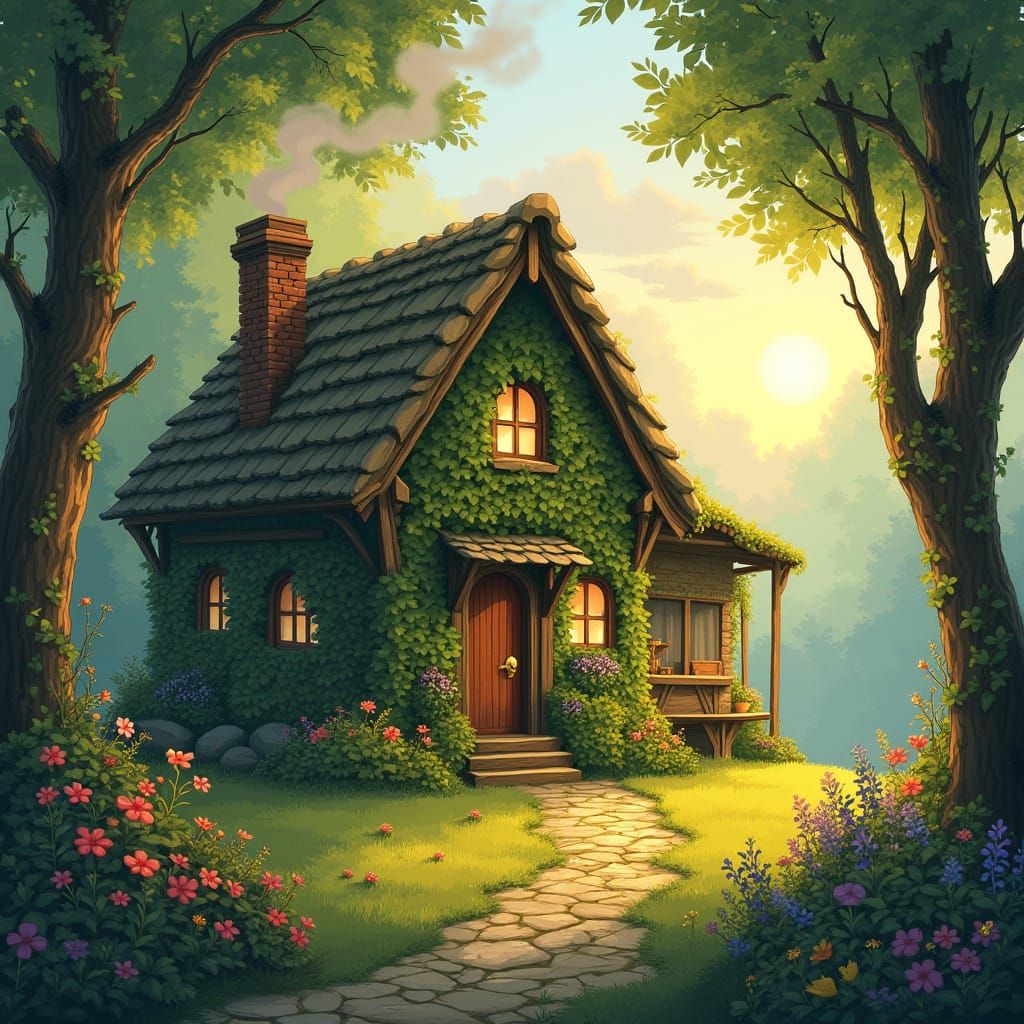 Enchanted Cottage in Forest, Watercolor Painting
