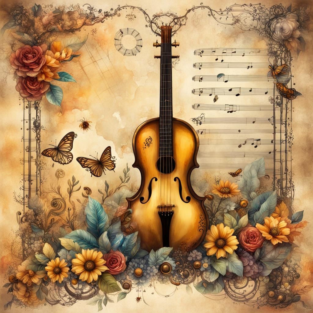 Notebook Page Border with Flowers, Bees and Music