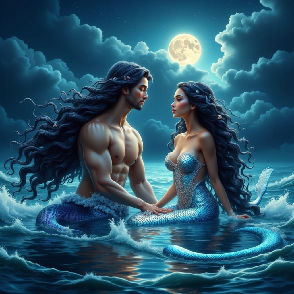 Shimmering Mermaid in Moonlit Ocean, Ethereal Style