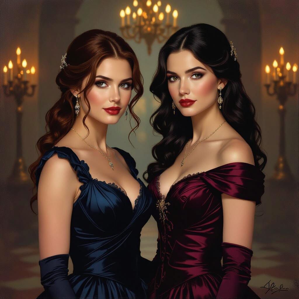 Elena and Katherine in Romantic Oil Painting Style