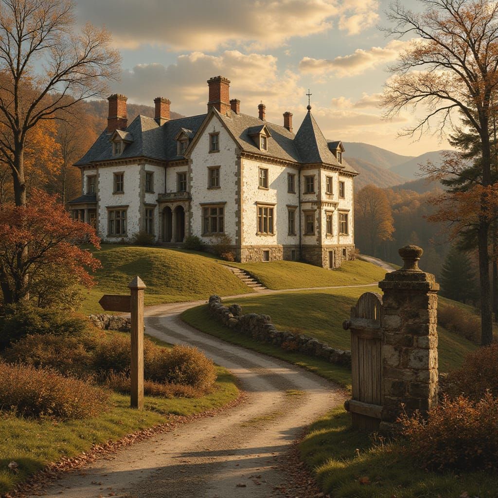 Majestic White Stone Manor House in Autumnal Landscape