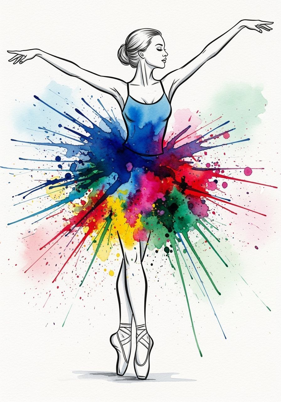 Dynamic Ballet Pose with Watercolor Skirt
