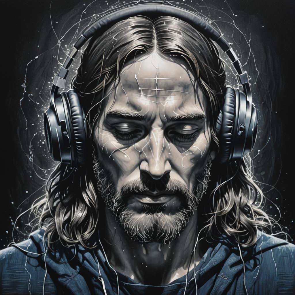Jesus Wearing Headphones as Splash Art Portrait