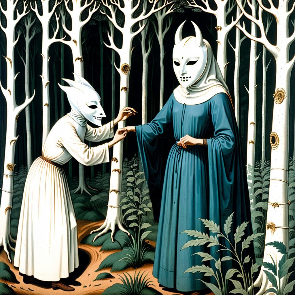 Woman Adorning Mask in Forest, Bestiary Art