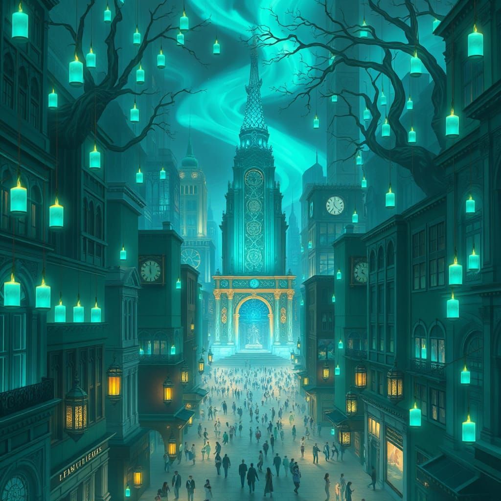Surreal Teal Metropolis with Divine Figures