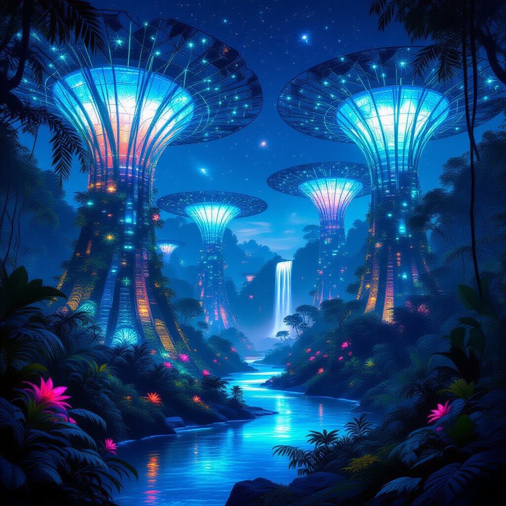 Bioluminescent Jungle With Crystalline Trees At Midnight