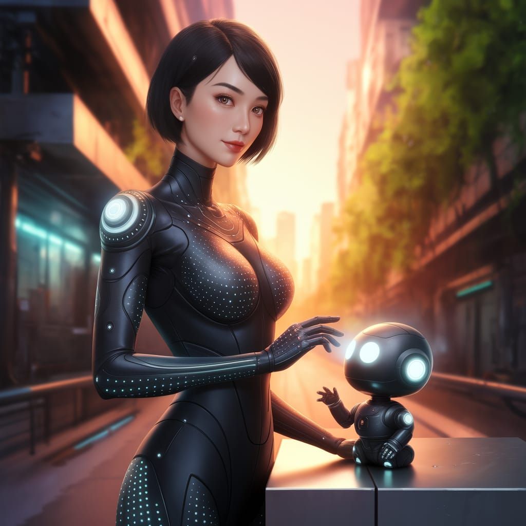 Thai Woman Interacts with Glowing Robot in Futuristic Citysc...