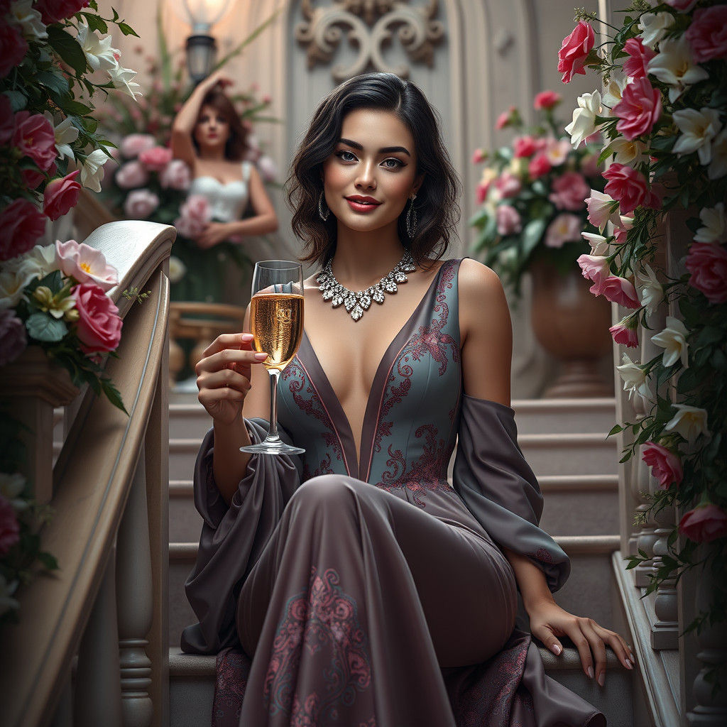 Attractive Italian Woman with Champagne in Detailed Matte Pa...