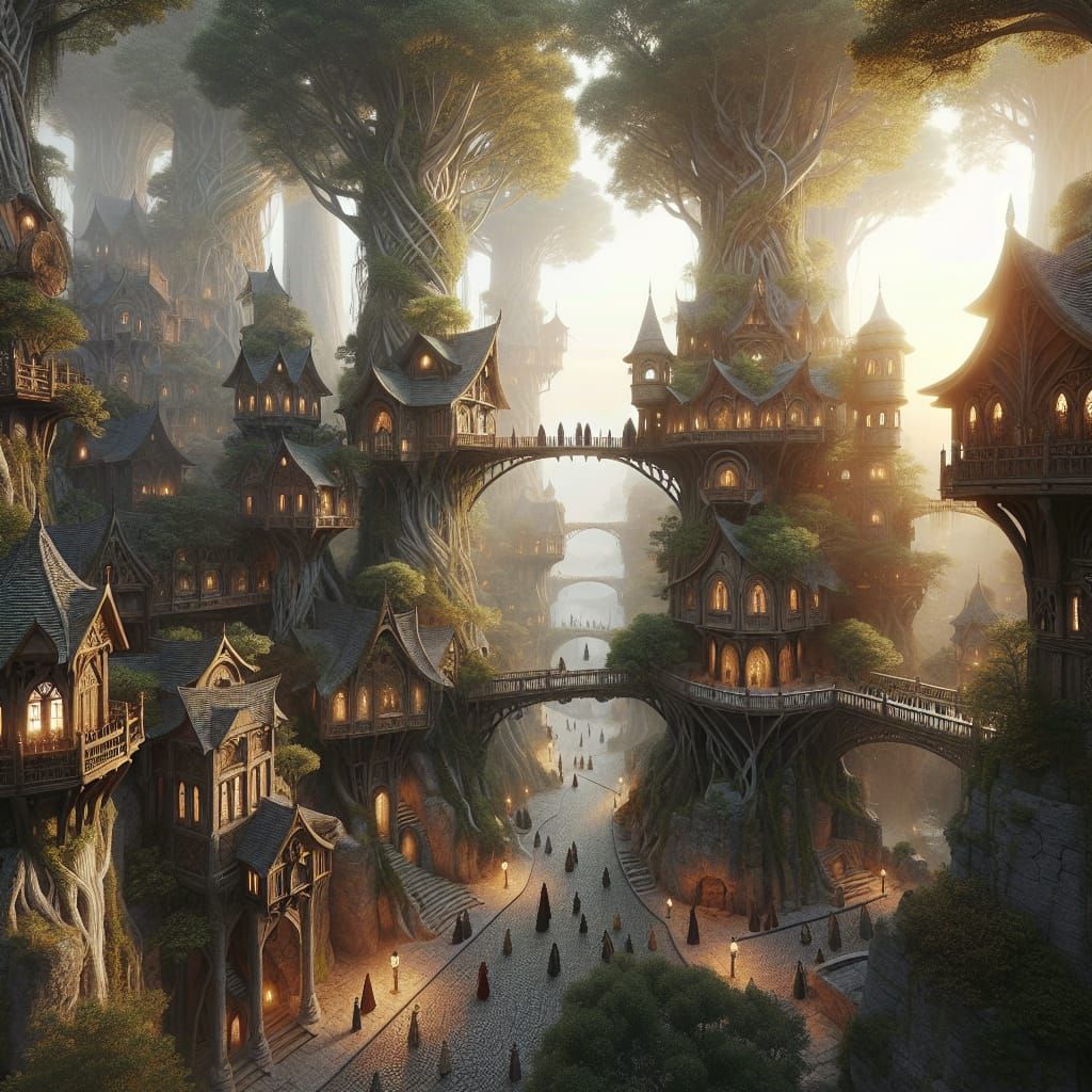 Ethereal Elven City in Ancient Trees at Sunset