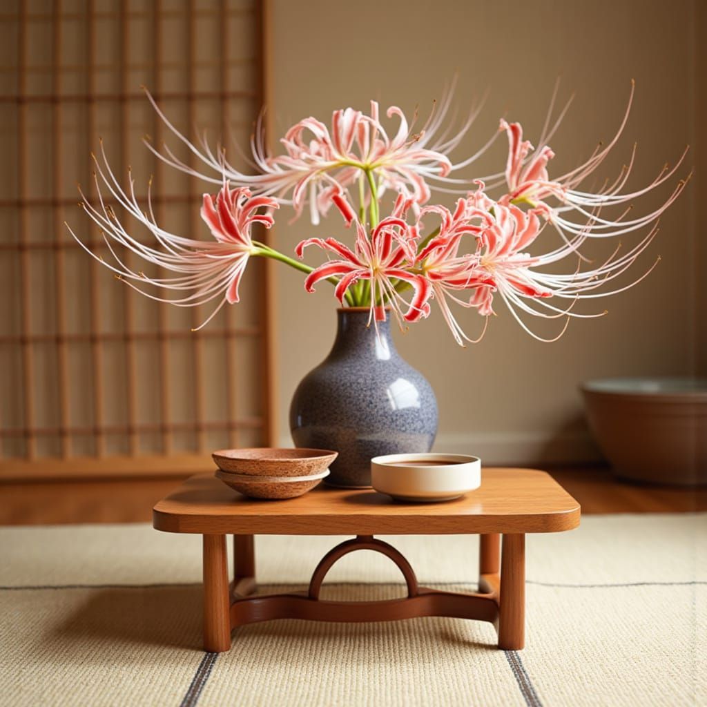 Asian Interior Scene with Spider Lilies and Tatami Mat