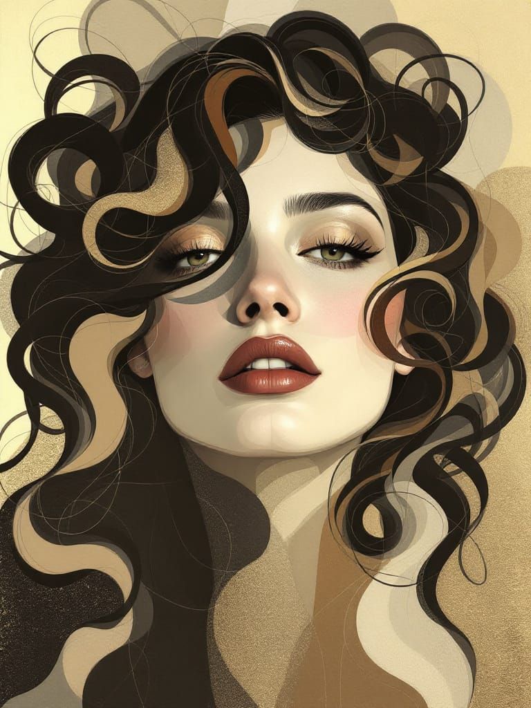 Woman with Swirling Hair in Geometric Art Style