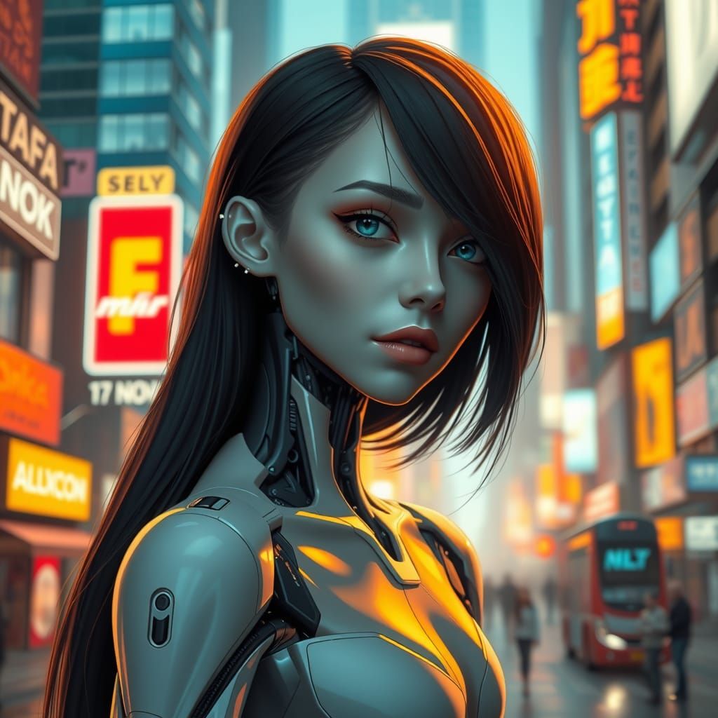 Android in Cyberpunk Cityscape: Digital Art