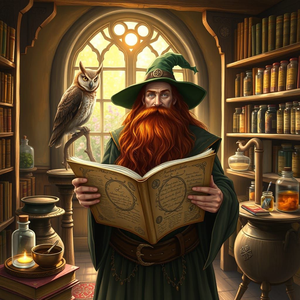 Wise Celtic Wizard Surrounded by Ancient Tomes and Mystical ...