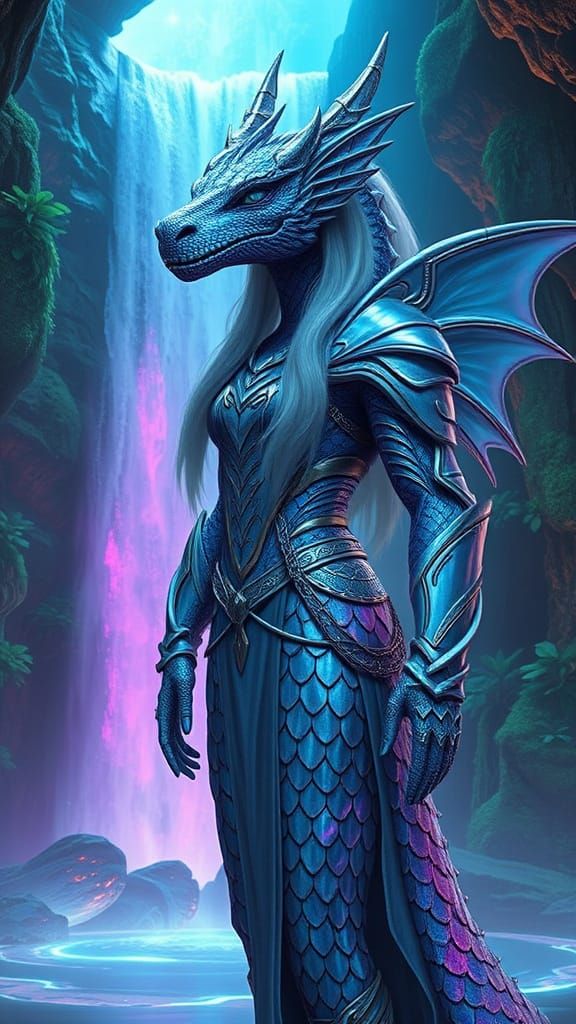 Dragon-Human Hybrid in Bioluminescent Grotto