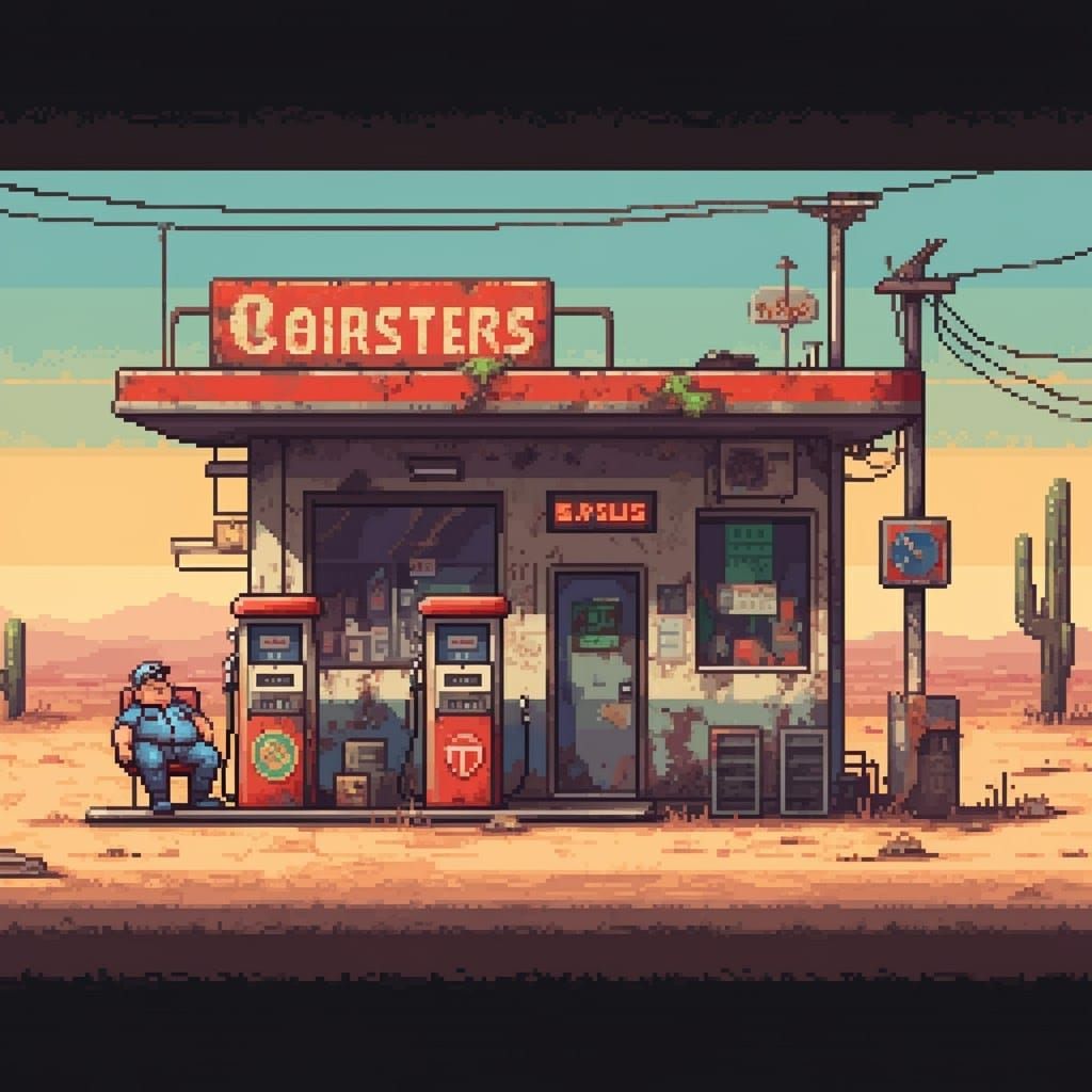 Abandoned Desert Gas Station in Pixel Art Style