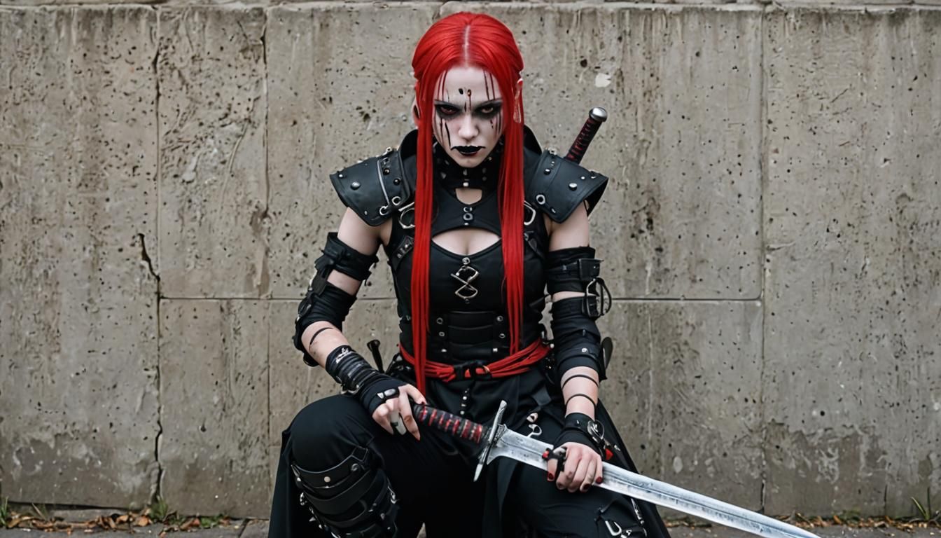 a goth girl kneels holding a sword, LARPing in the city