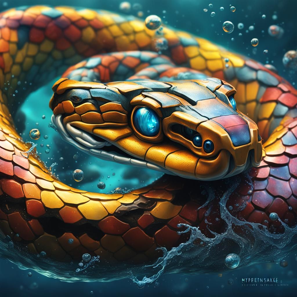 Hyperrealistic Robotic Water Snake Splash Art
