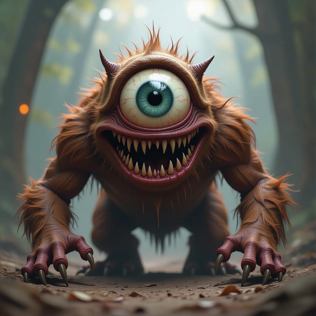 Grotesque Brown Monster with Single Eye and Sharp Teeth