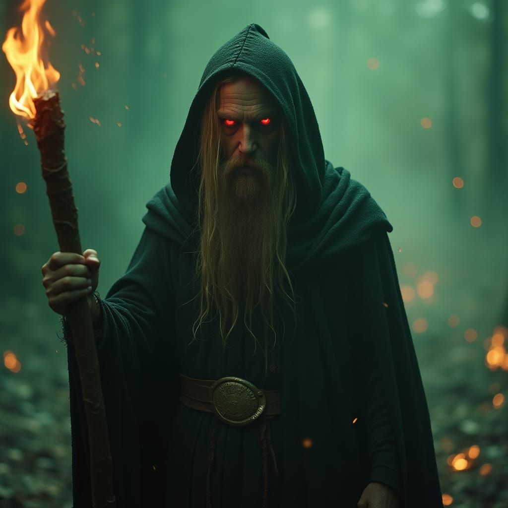 Evil Wizard in Hooded Cloak Surrounded by Destruction