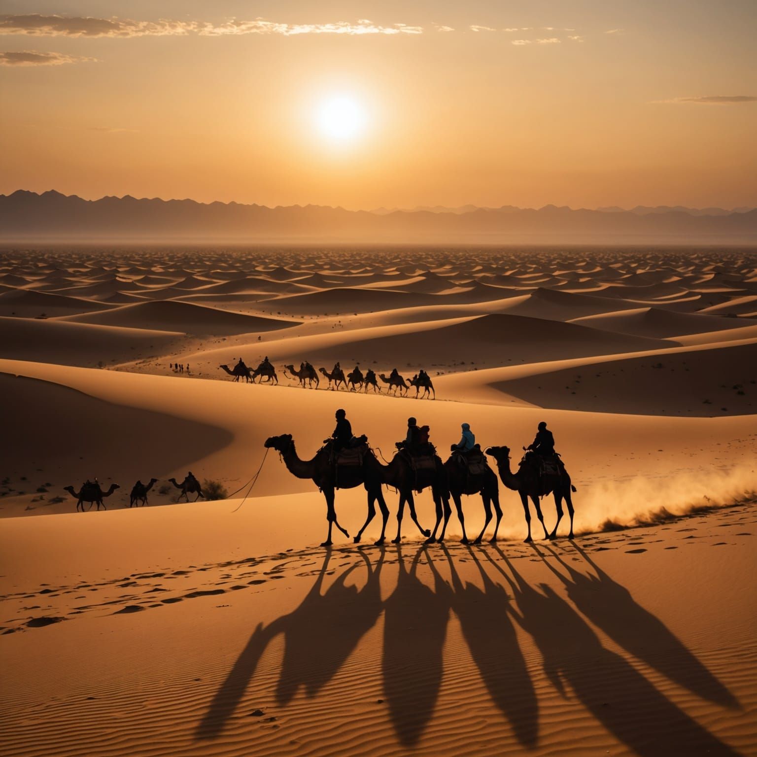Camels and Travelers Silhouettes at Sunset