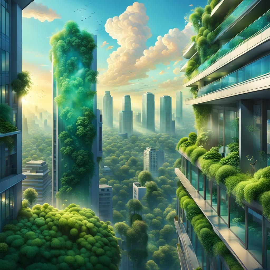 Skyscraper Balcony View with Lush Green Gardens