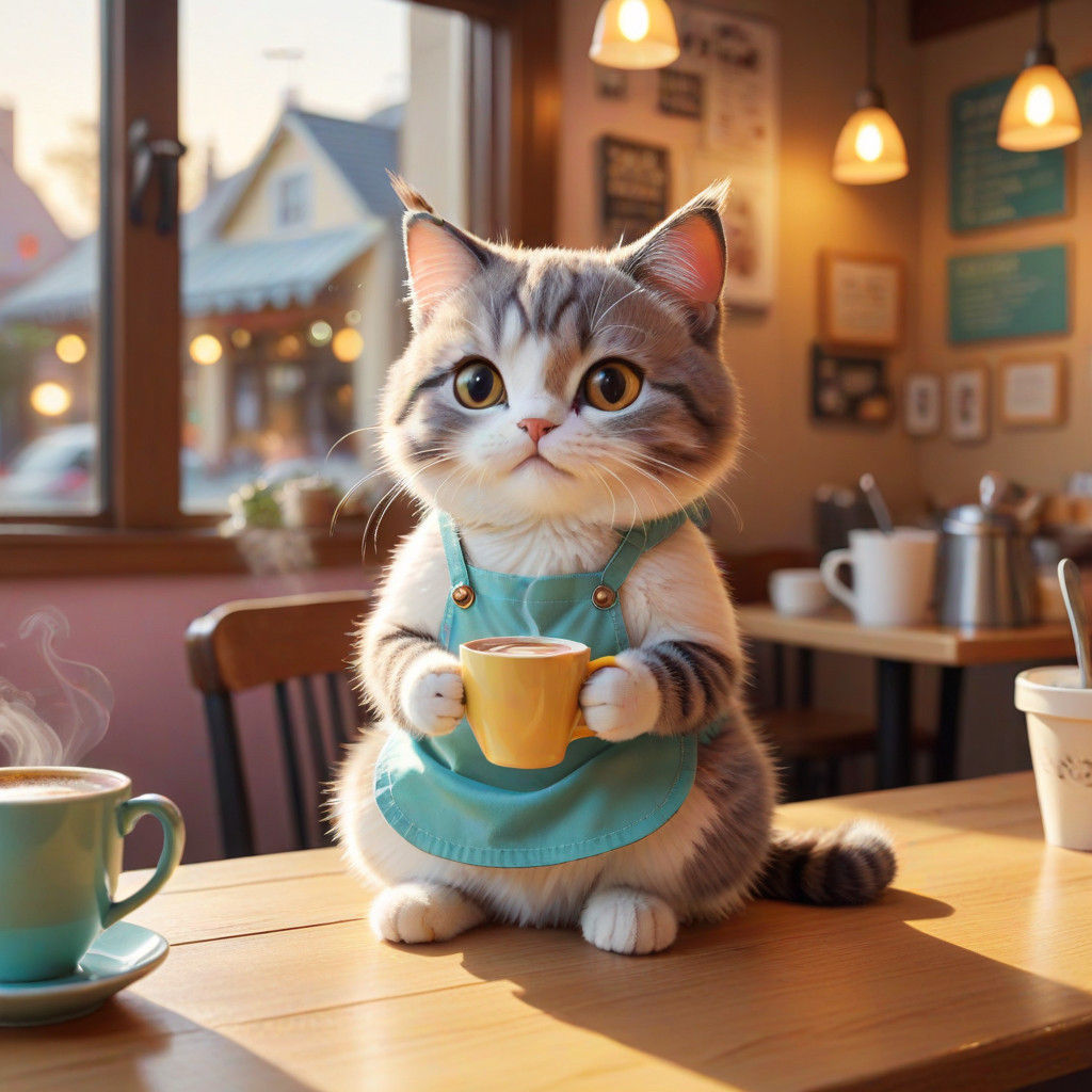 Whimsical Cartoon Cat Sips Coffee in Cozy Café