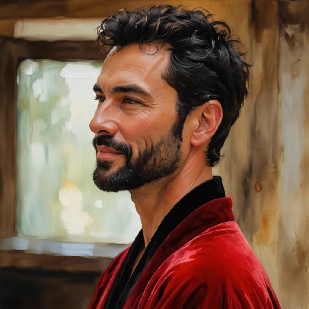 Smiling Man in Red Robe: Impressionist Impasto Portrait