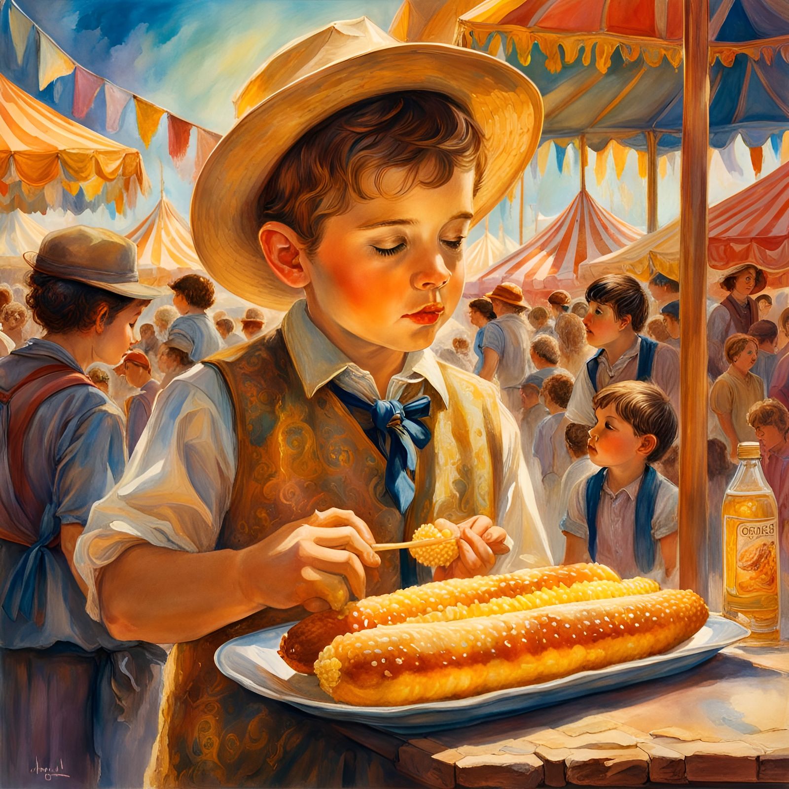 Boy at Carnival Eating Corn Dog in Watercolor