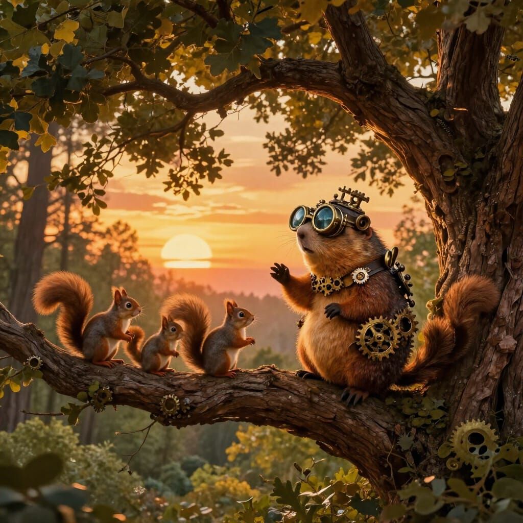 Steampunk Groundhog and Squirrels in Sunset Forest Illustrat...