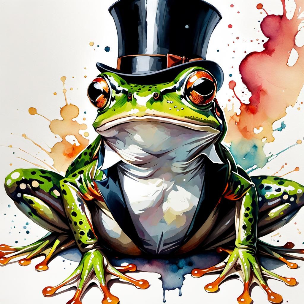 Frog in Top Hat: Watercolor Manga Illustration