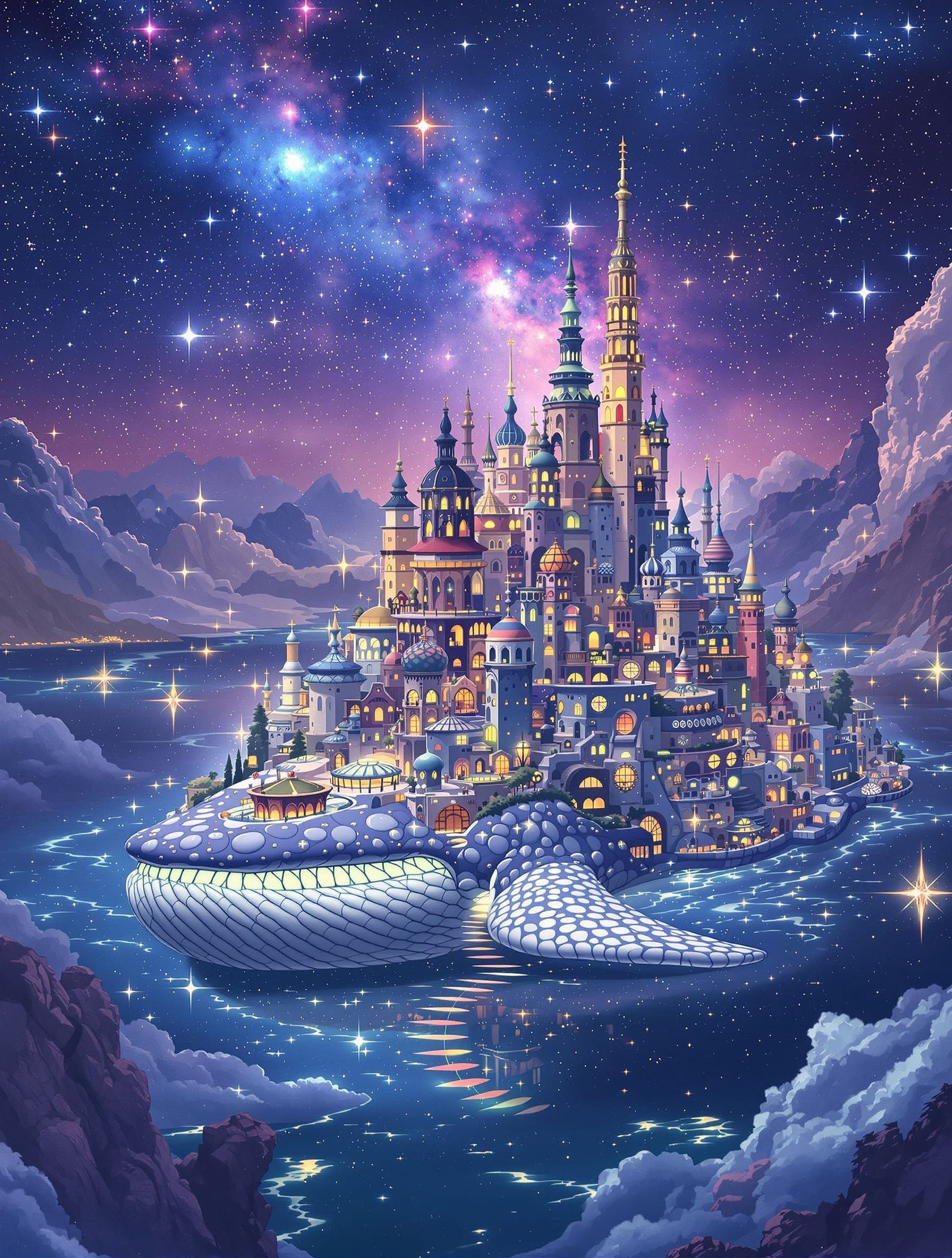 Cityscape on Space Whale's Back Amidst Starry Sea
