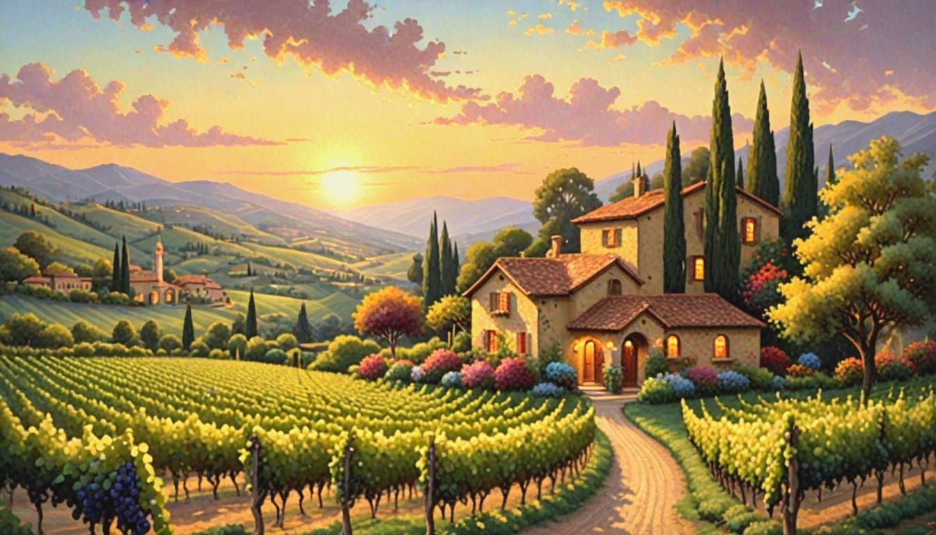 Tuscan Landscape with Adorable Cottage and Vineyard