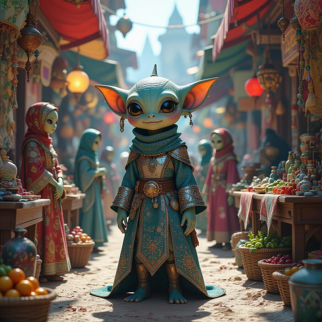 Three-Eyed Alien Fashion in a Vibrant Bazaar