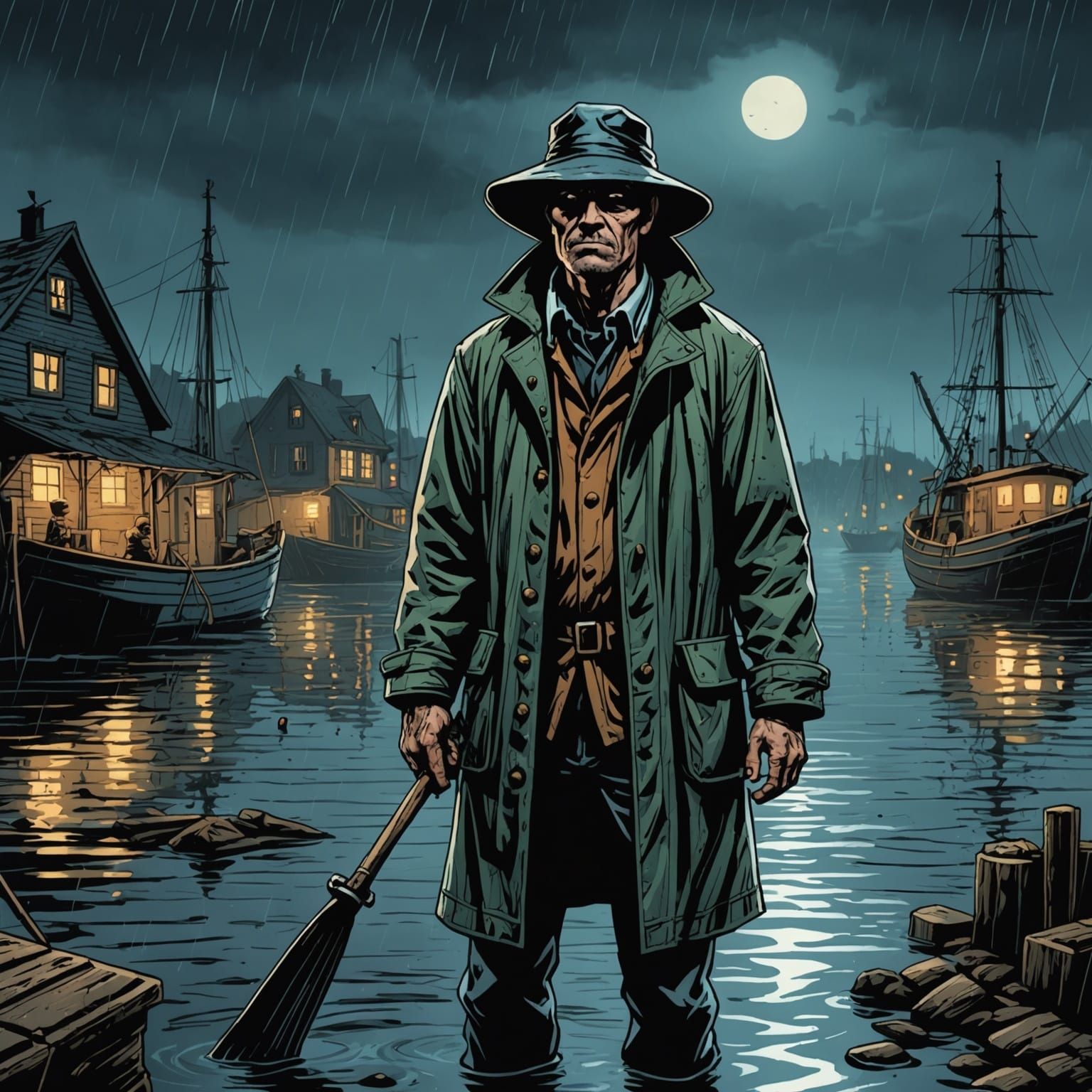 Scary Fisherman in Old Harbor at Night