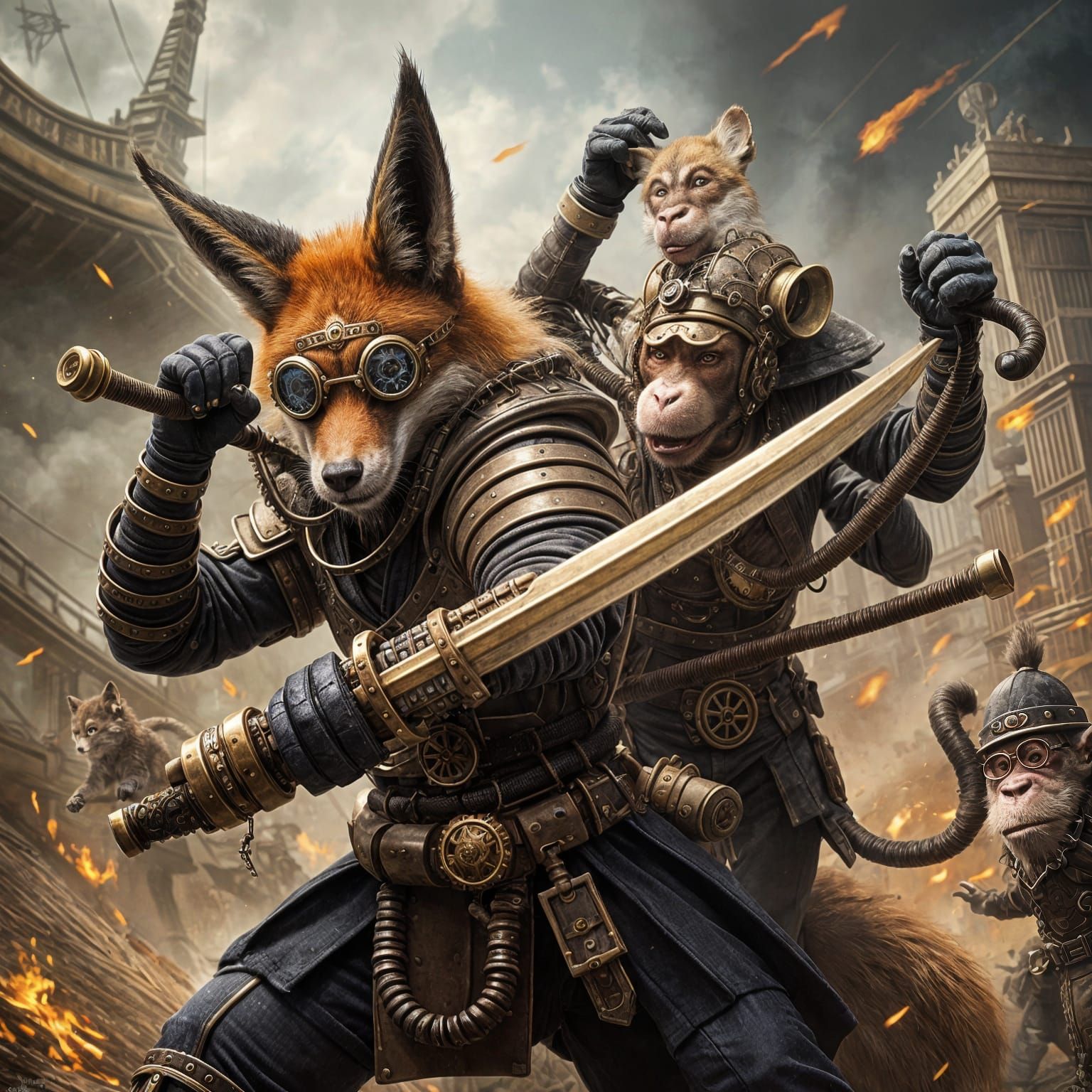 Steampunk Samurai Fox vs Monkey Engine Battle