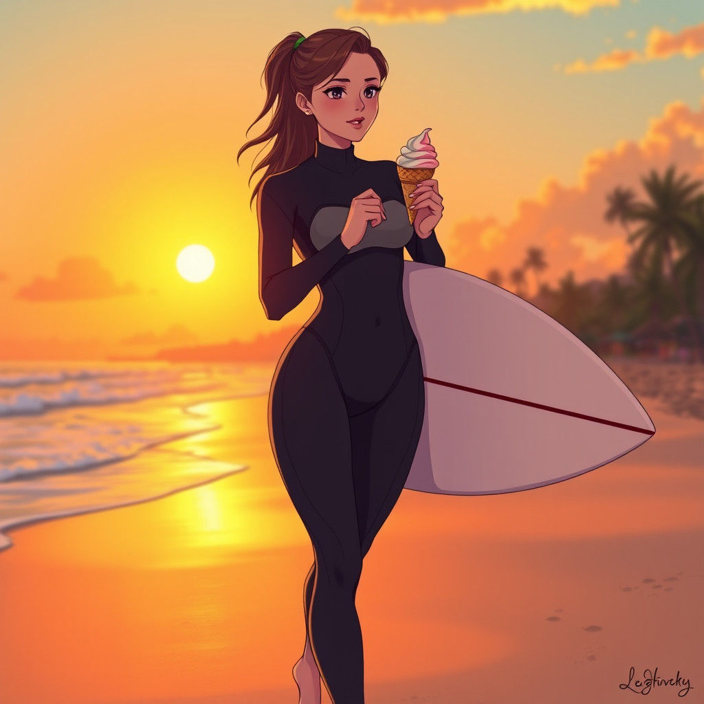 Anime Style Surfer Girl at Sunset