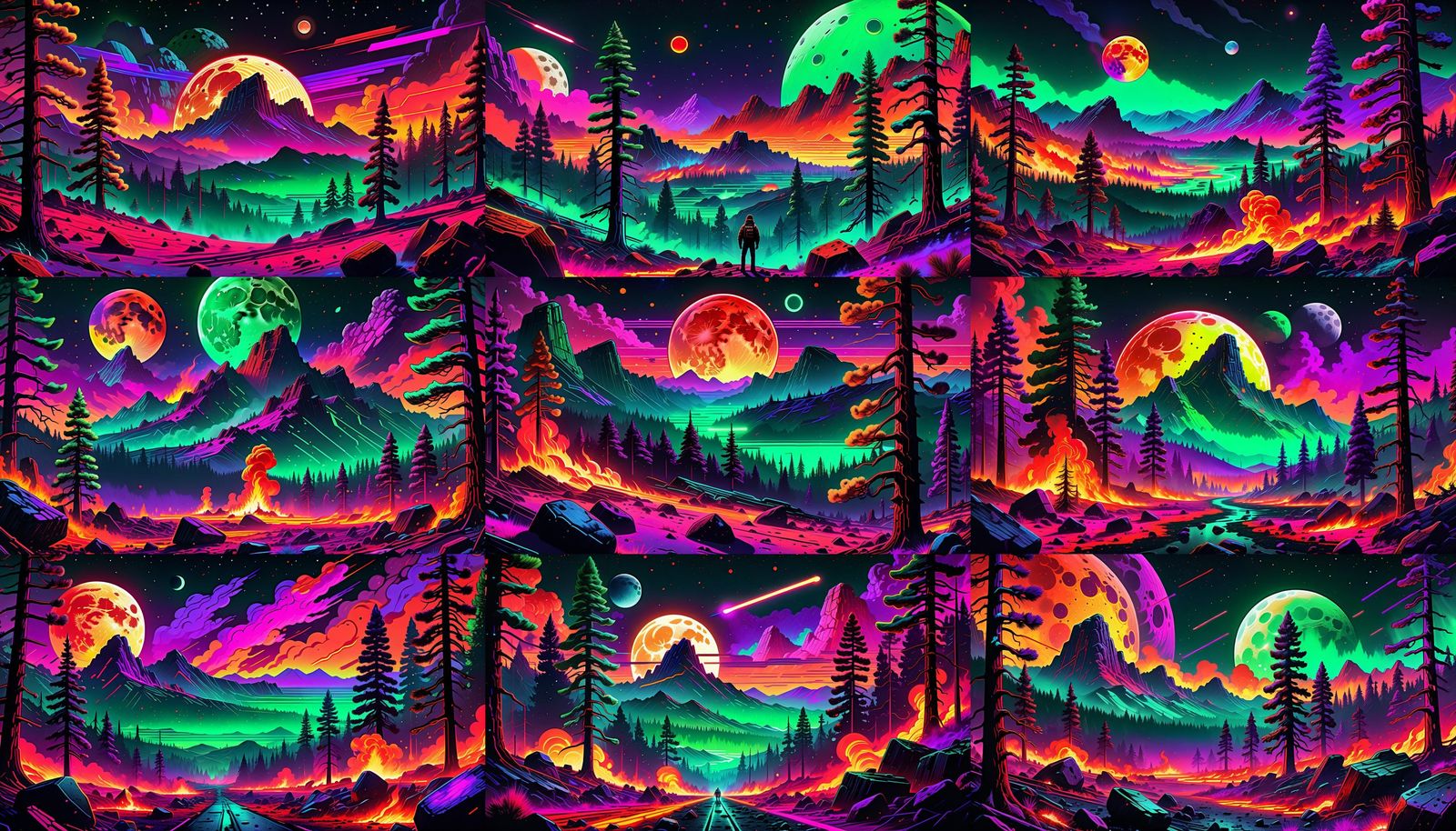 Surreal Synthwave Poster Art of Wildfires and Blizzard