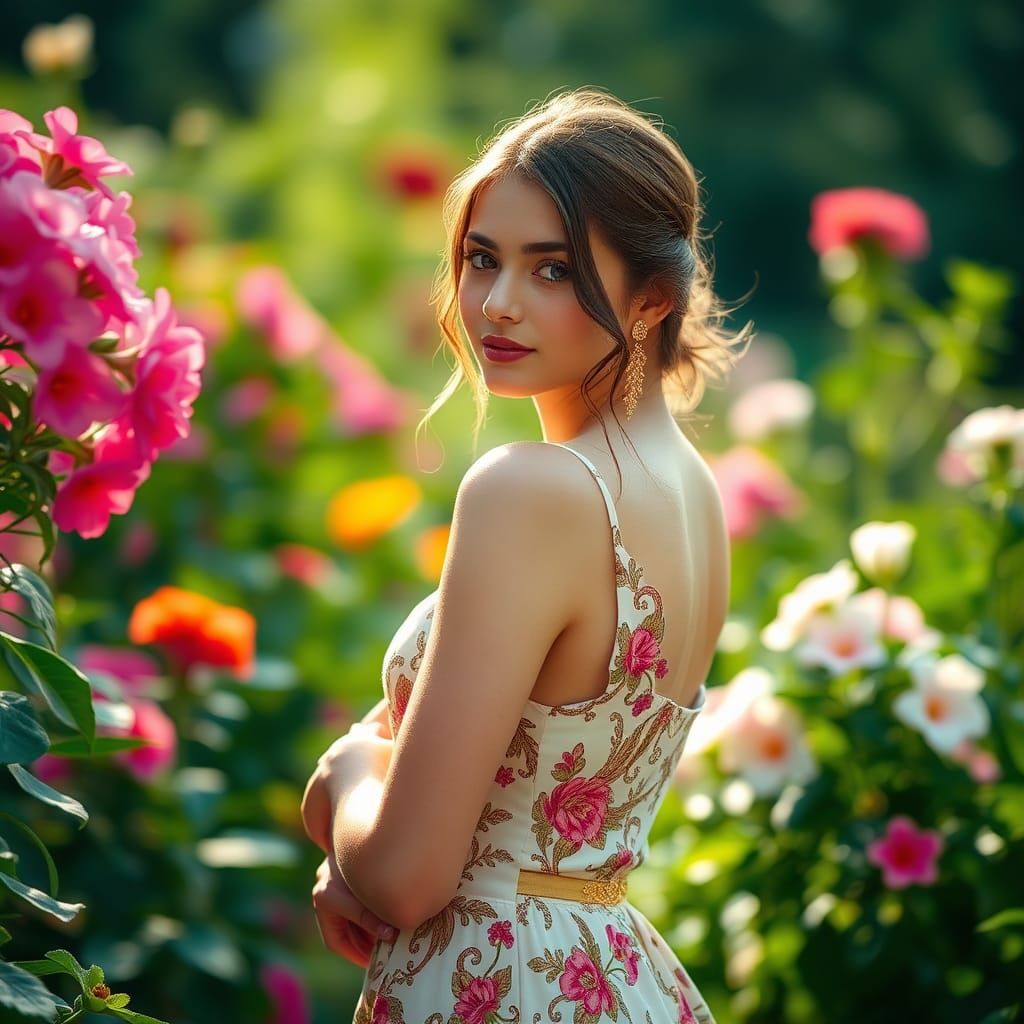 Woman in Floral Dress in Lush Garden Photo