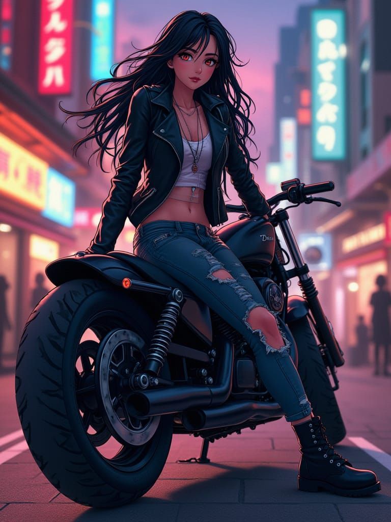 Confident Biker Woman in Neon Cityscape