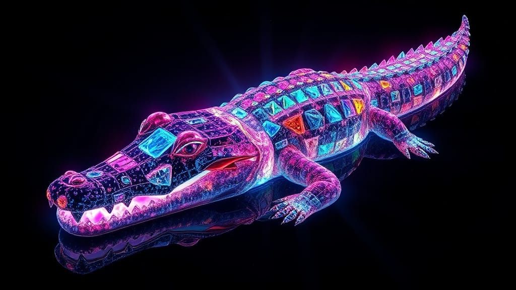 Surreal Hyperrealistic Alligator Radiates Pastel Rainbow Glo...