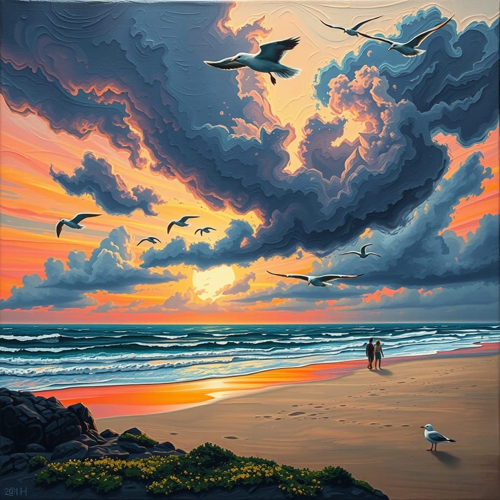 Sunset Coastline in Vibrant 3D Impasto Style