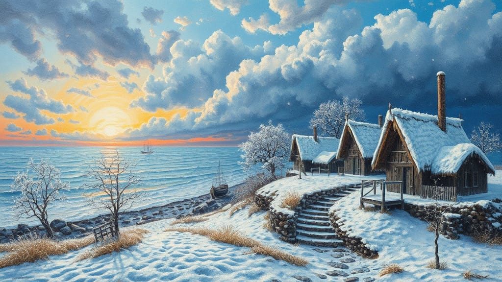 Vibrant Winter Seascape in Oil on Canvas Zentangle Style