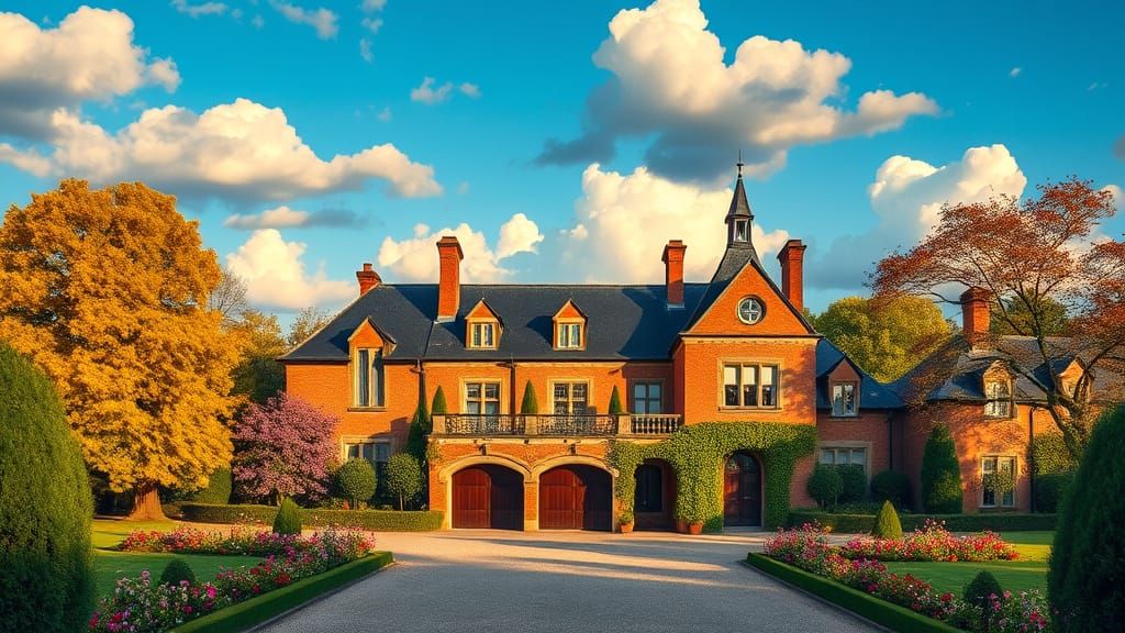 Grand Brick Chateau with Vibrant Garden in Golden Hour
