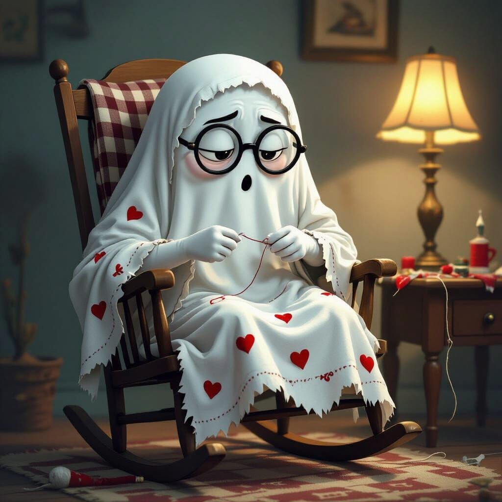 Whimsical Ghost Mending Clothes in Cozy Spooky Style