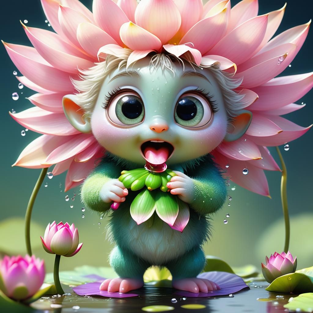 Fluffy Creature Sipping Dewdrop: Vibrant 3D Digital Art