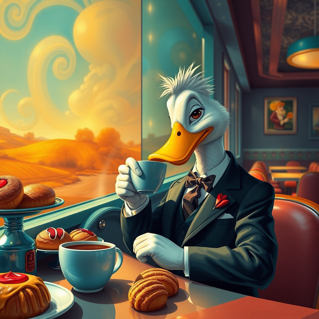 Dapper Duck Enjoys Coffee in Retro-Futuristic Diner
