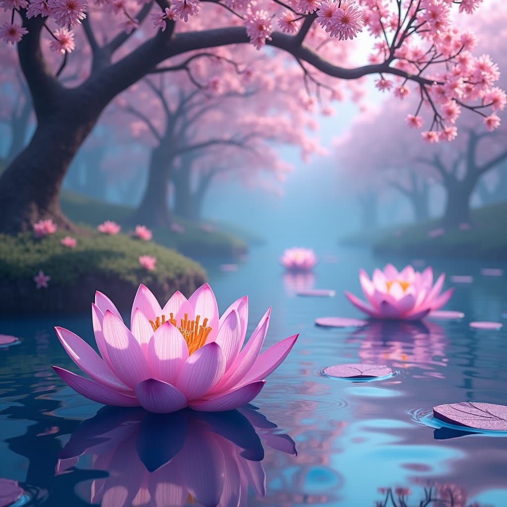 Purple Lotuses Reflecting Cherry Blossoms in Fantasy Style