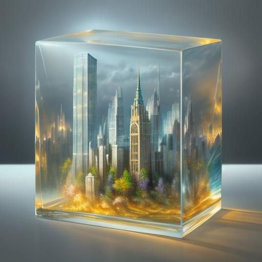 Miniature Cityscape Dreamscape in Crystal Glass Box