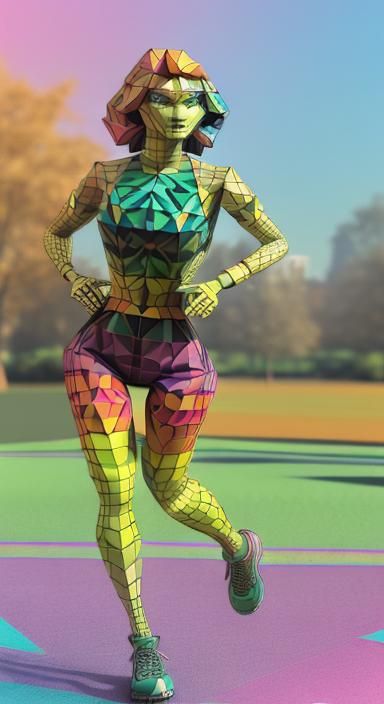Geometric Polygonal Girl Jogging in Spring Park