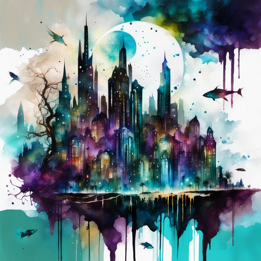 Futuristic Fantasy City in Alcohol Ink Style